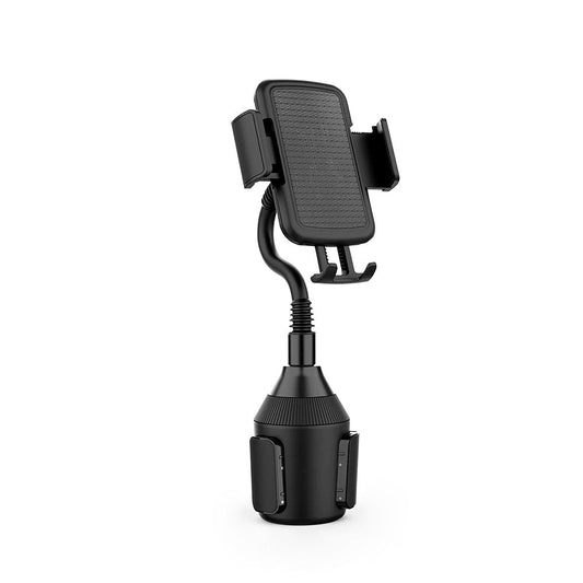 Black phone holder with cup holder on a white background