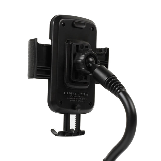Black phone holder with cup holder on a white background