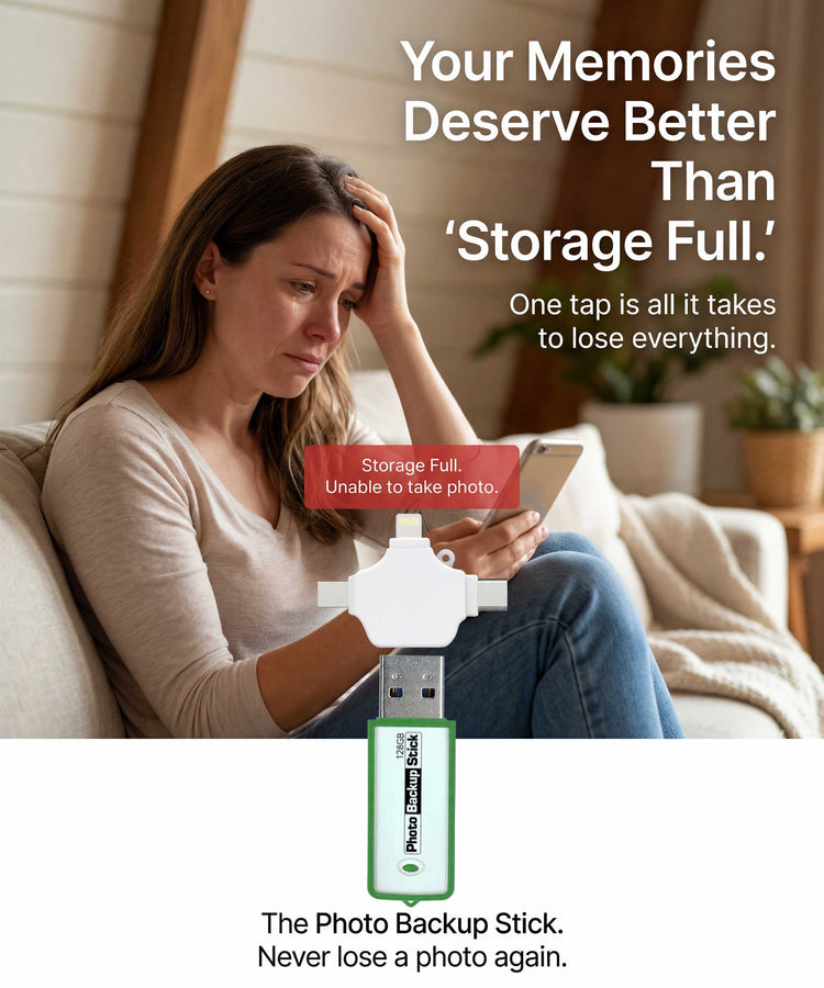 Woman sitting on a couch with a phone, looking stressed, with text about photo storage issues and a product advertisement.