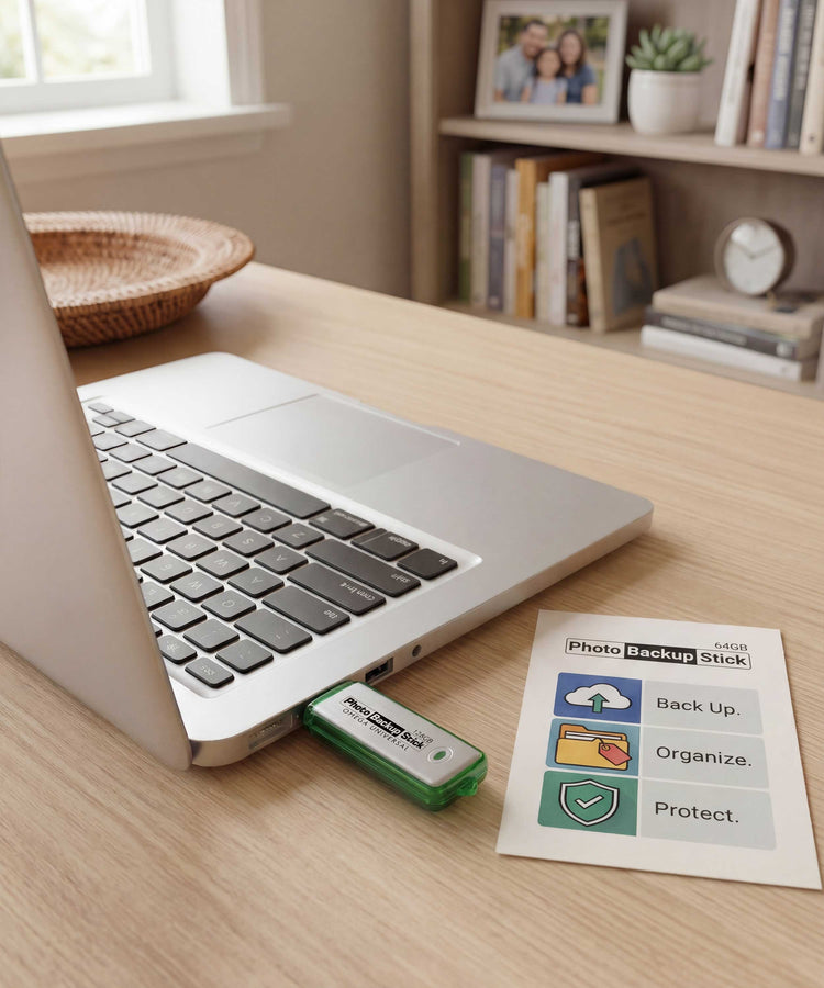 Laptop on a desk with a Photo Backup Stick and its packaging