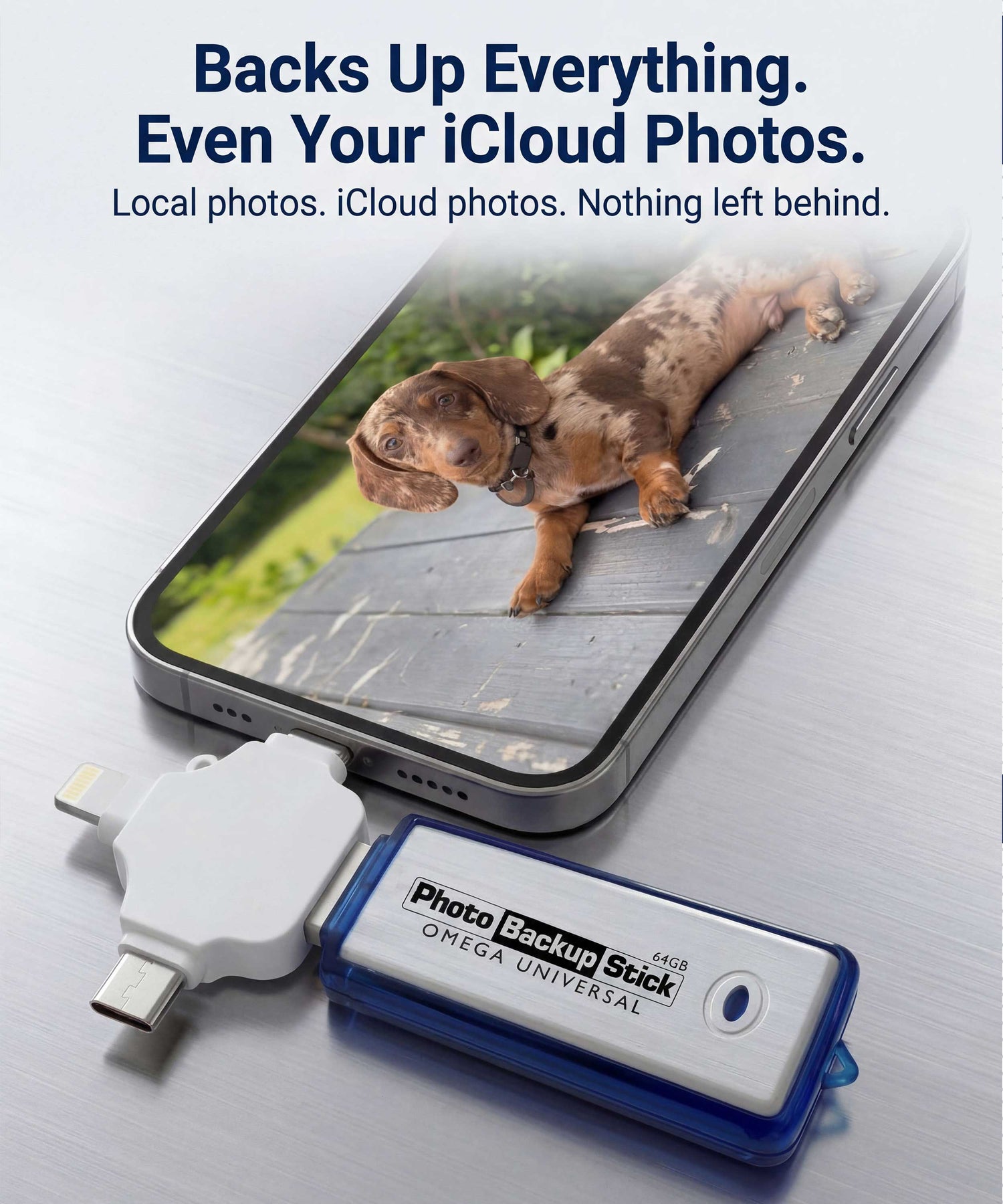 Phone with a photo of a dog on screen and a 'Photo Backup Stick' device in front.