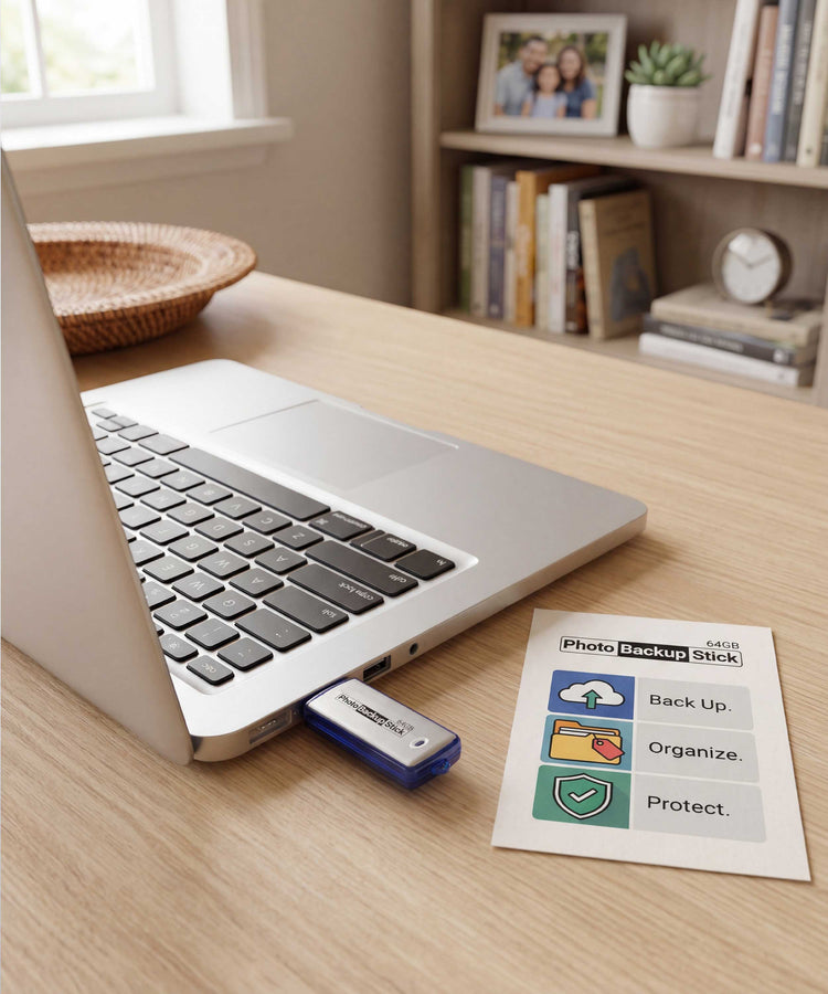Laptop on a desk with a USB drive and photo backup stick card