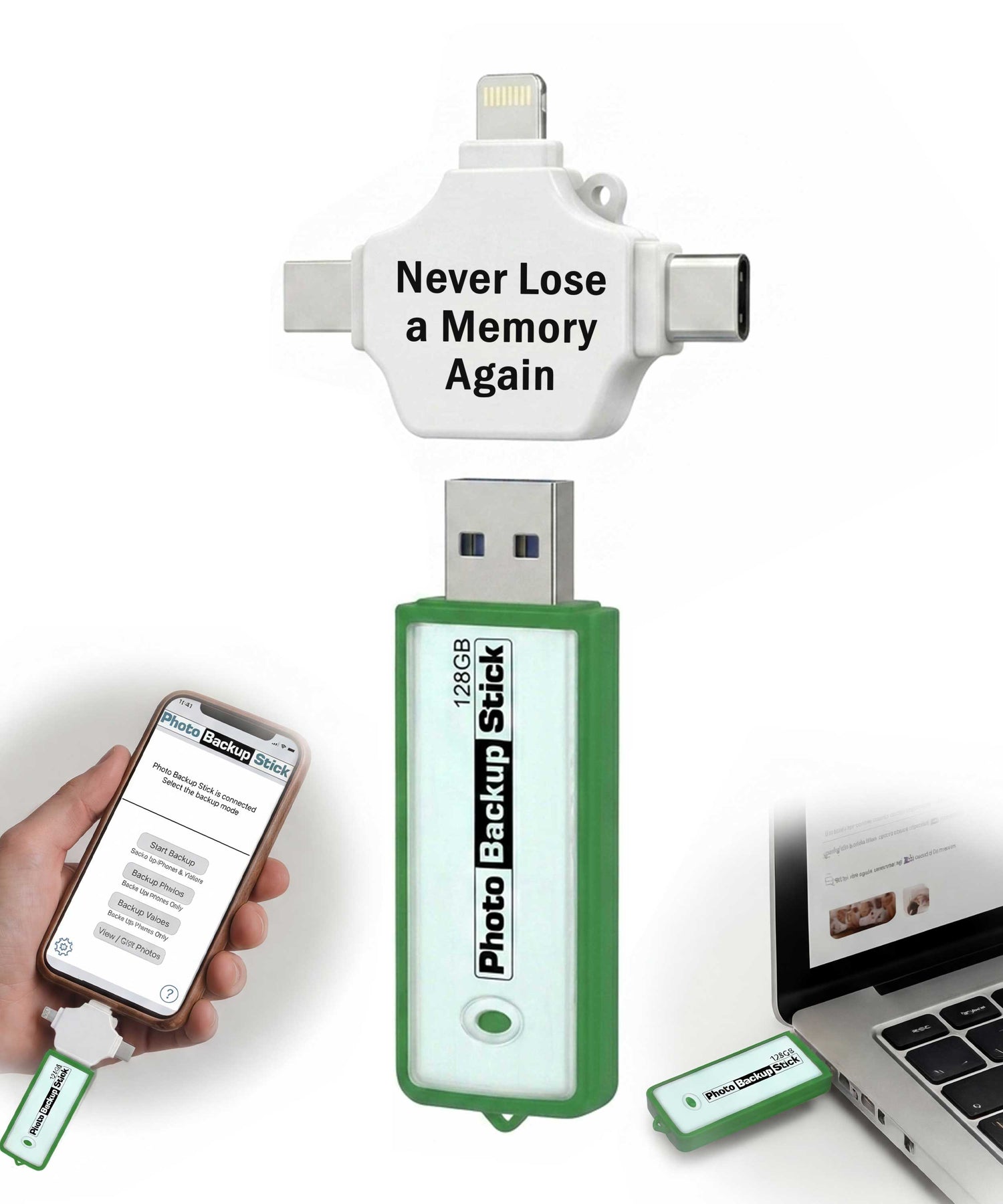 Photo backup stick with smartphone and laptop on a white background