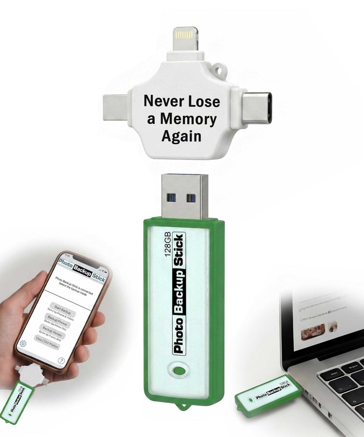 Photo backup stick with smartphone and laptop on a white background