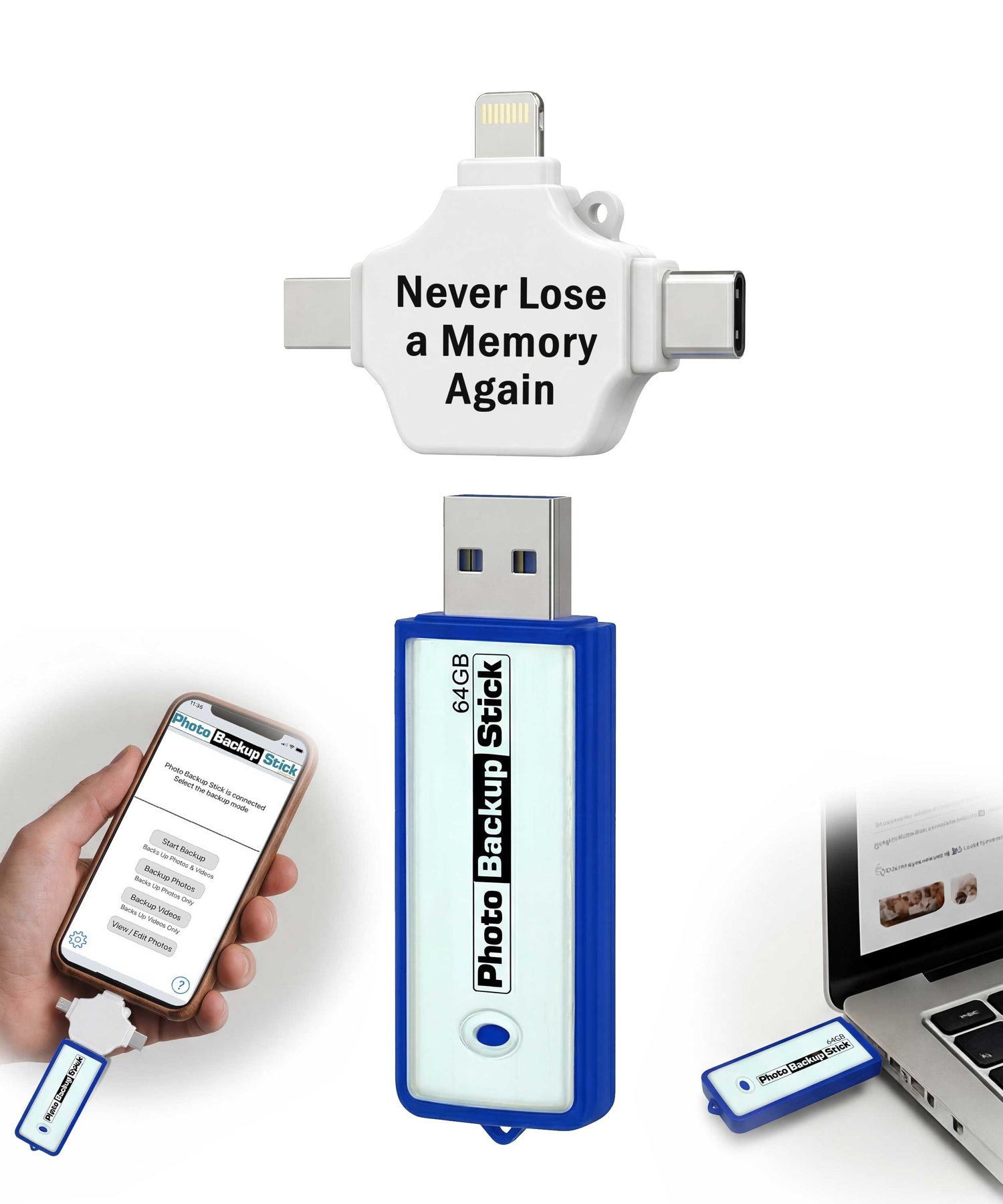 Photo backup stick with USB connector and text 'Never Lose a Memory Again' on a white background.