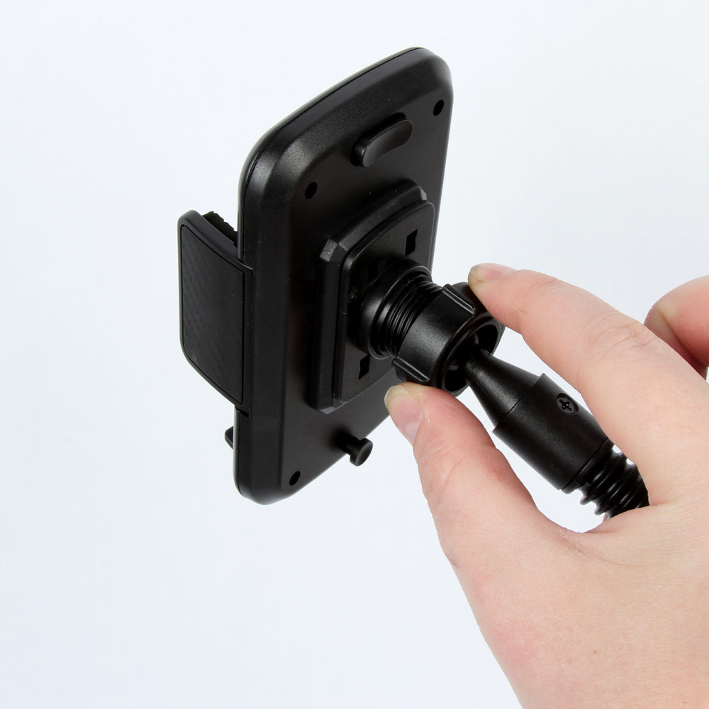 Hand adjusting a black phone mount on a white background
