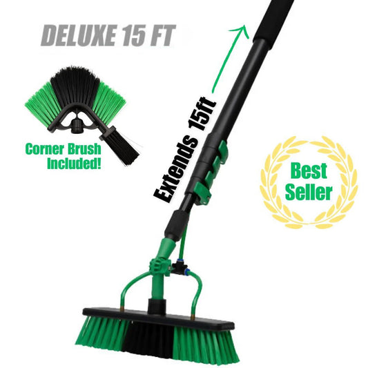 Green and black broom with extendable handle on a white background
