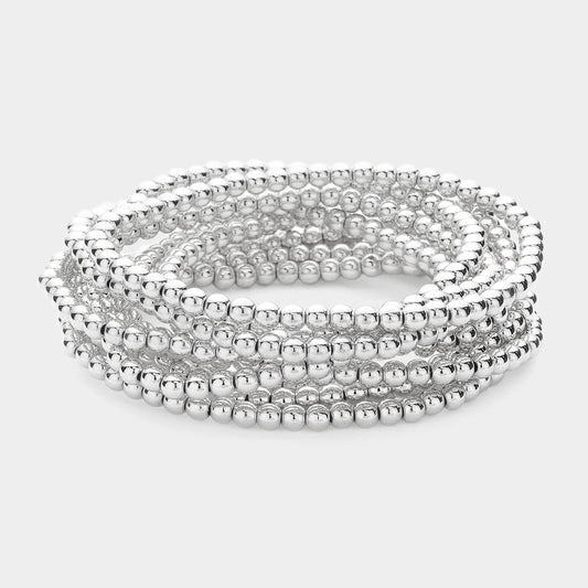 10 PC BEADED STETCH BRACELET SET - Silver