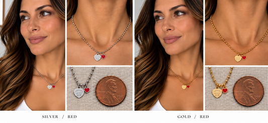 Two necklaces on mannequin busts with a blurred background