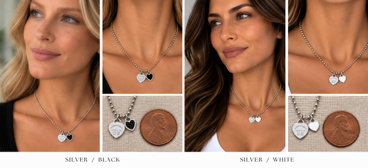 Two necklaces on mannequin busts with a blurred background