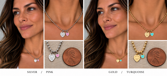 Two necklaces on mannequin busts with a blurred background