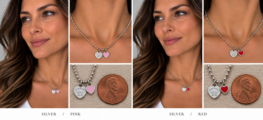 Two necklaces on mannequin busts with a blurred background