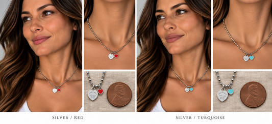 Two necklaces on mannequin busts with a blurred background