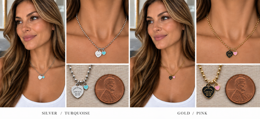 Two necklaces on mannequin busts with a blurred background