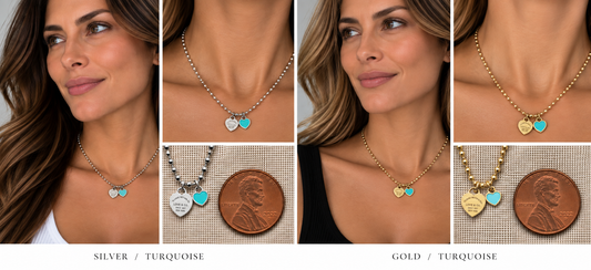 Two necklaces on mannequin busts with a blurred background