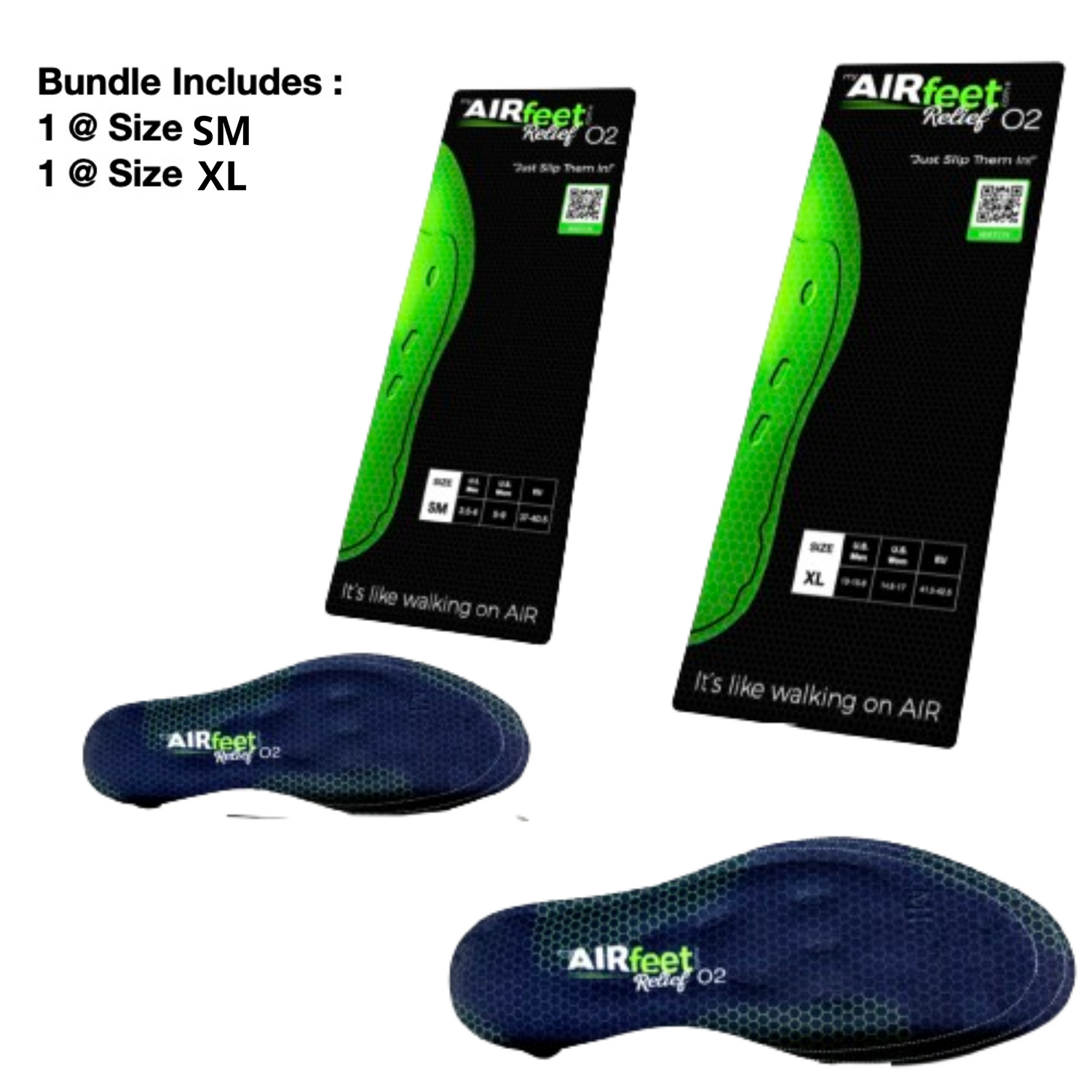 Two pairs of blue insoles with packaging labeled 'AIRfeet' on a white background.