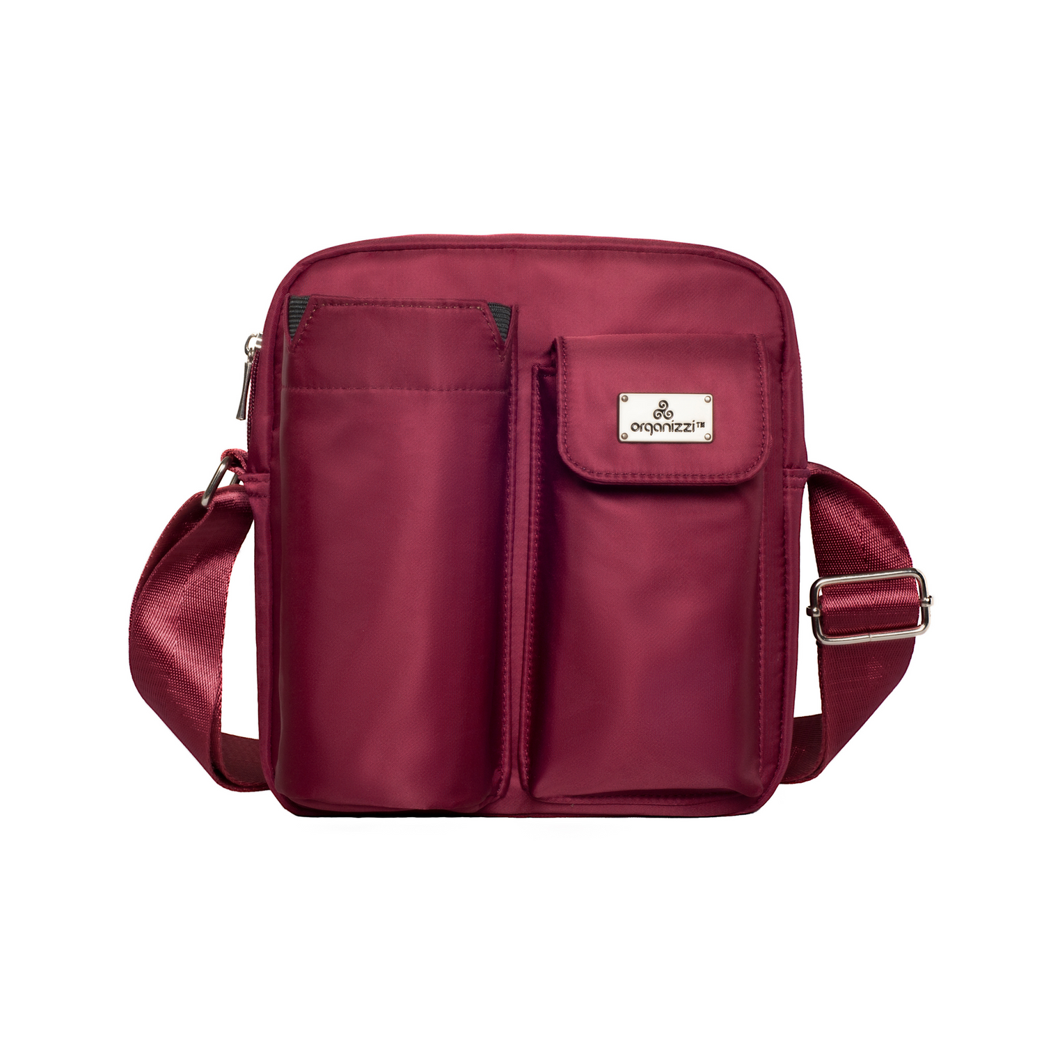 Maroon crossbody bag with a visible brand logo on a white background