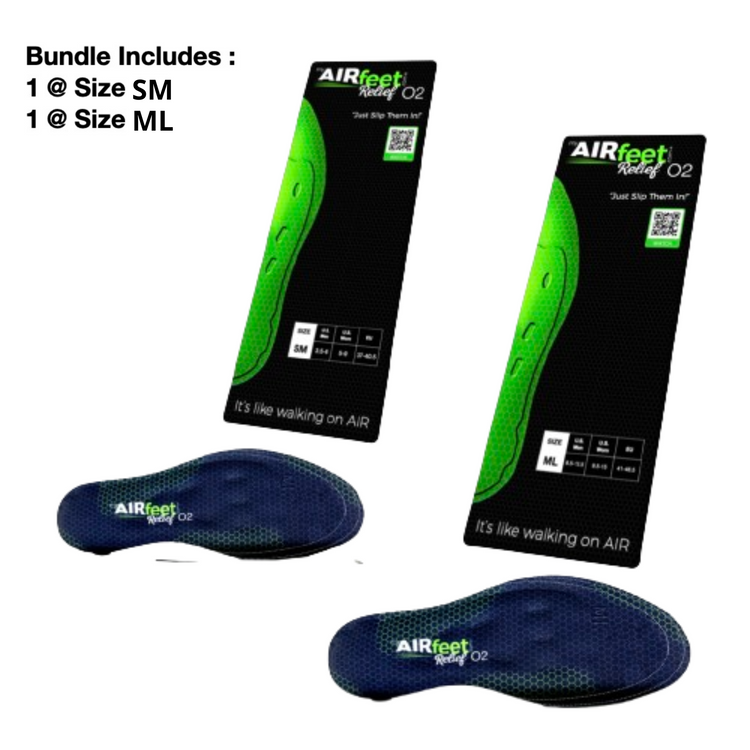 Two pairs of AIRfeet O2 shoe inserts with packaging on a white background.