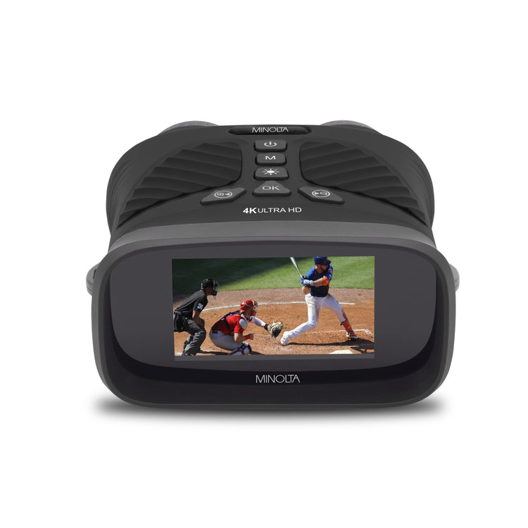 Minolta 4K Ultra HD camera with a baseball game in action on its screen