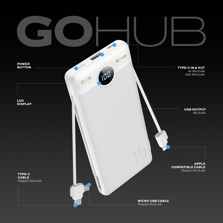 GoHub 3-in-1 Portable Power Bank with Wall Plug; White