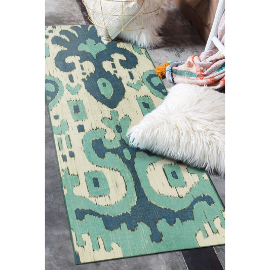 Ochre Ikat Steel Blue Washable Rug