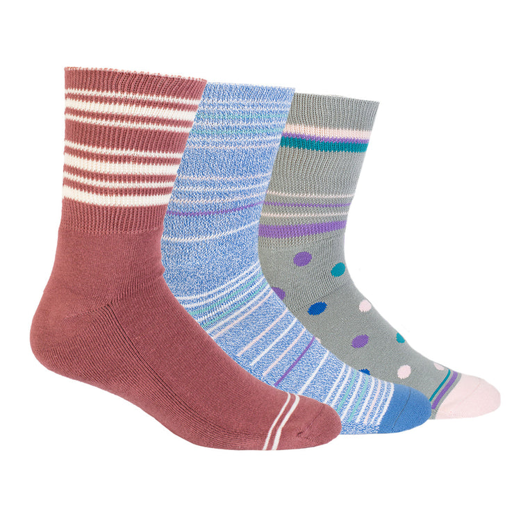 3-Pack Diabetic Socks - Rose, Blue Stripe, Grey Polka Dot