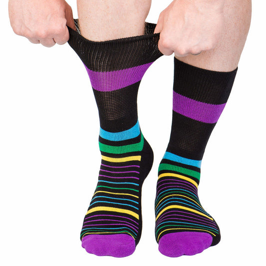 3-Pack Diabetic Socks - Multi Stripes, Solid Black & Cosmic Purple