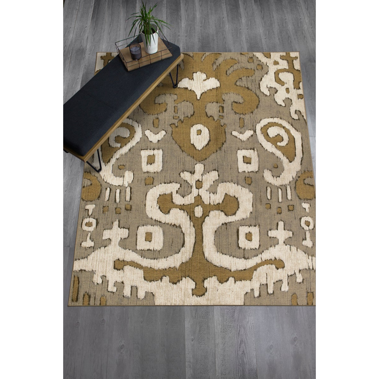 Ochre Ikat Grey Gold Washable Rug