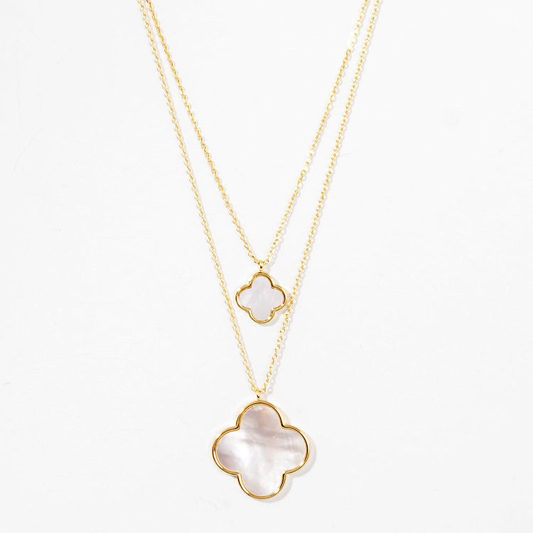 Double Clover Drop Necklace-Gold/Mother of Pearl