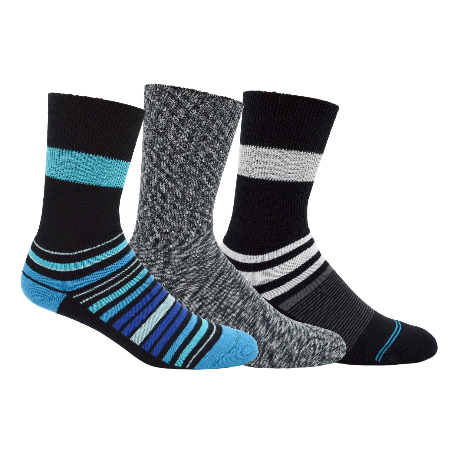 Diabetic Socks Assorted 3-Pack in Blue & Black Stripe, Marble Grey