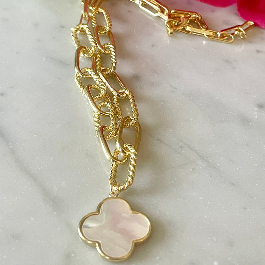 Mother of Pearl Clover on Twisted Link Chain-Gold