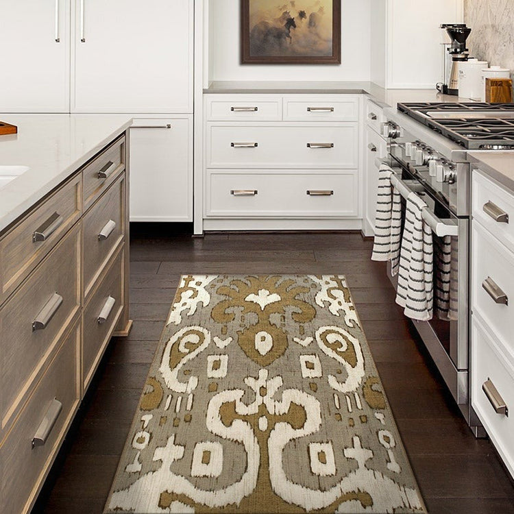 Ochre Ikat Grey Gold Washable Rug