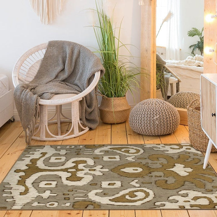 Ochre Ikat Grey Gold Washable Rug